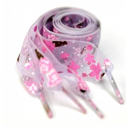 Foto - Saténové stuhové tkaničky s kytičkami do bot nebo mikiny, jeden pár - Světle fialové, 120 cm
