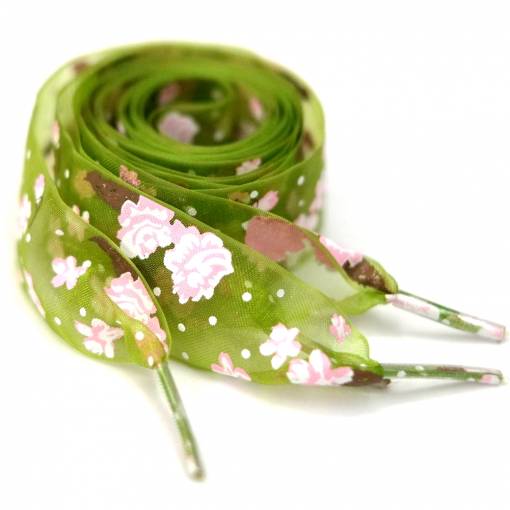 Foto - Saténové stuhové tkaničky s kytičkami do bot nebo mikiny 120 cm - Světle zelené